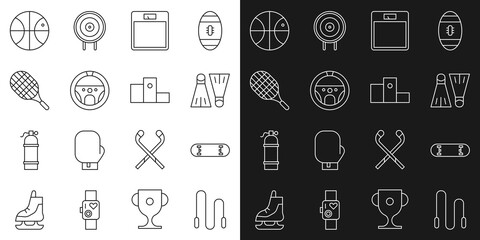 Poster - Set line Jump rope, Skateboard trick, Rubber flippers for swimming, Bathroom scales, Steering wheel, Tennis racket, Basketball ball and Award over sports winner podium icon. Vector