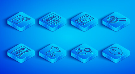 Poster - Set line Advertising, Browser setting, Megaphone, Magnifying glass and analysis, and Computer mouse icon. Vector
