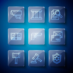 Wall Mural - Set line Judge gavel, Police badge, Paper analysis magnifying, Pistol or gun, Bribe money cash, Security camera and Envelope icon. Vector