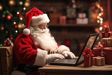 Poster - Santa Claus sitting at a table and using a laptop. This image can be used to represent Santa Claus working or using technology during the holiday season.