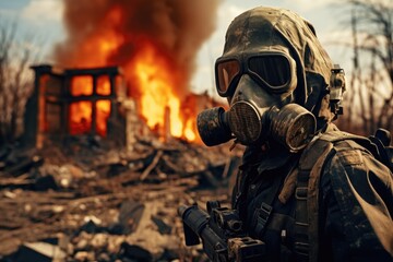 Poster - A man wearing a gas mask standing in front of a fire. This image can be used to represent concepts such as danger, protection, pollution, or disaster scenarios.