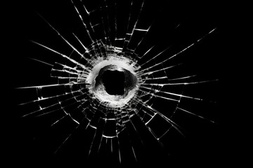 Poster - A black and white photo capturing the detail of a bullet hole. This image can be used to depict violence, crime scenes, or as a metaphor for damage and destruction.