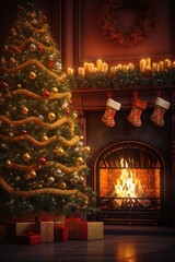 Aufkleber - A festive scene featuring a beautifully decorated Christmas tree and a cozy fireplace. Perfect for adding a warm and inviting touch to any holiday-themed project.