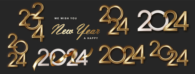 Wall Mural - Collection 2024 gold numbers for New Year greeting cards, banners or posters vector illustration. Compositions from golden numbers 2024.