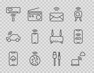 Poster - Set line Cloud technology data, Network cloud connection, Mail and e-mail, Global, Air conditioner, Mobile with wi-fi wireless, USB cable cord and icon. Vector