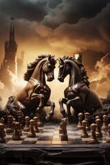Poster - Two horses engaged in a fierce battle over a chess board. This image can be used to depict competition, rivalry, strategic thinking, or conflict in various contexts