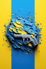 Poster - A gun is pictured against a blue and yellow background. This image can be used to convey concepts related to firearms, safety, law enforcement, crime, or self-defense