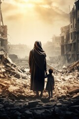 Poster - A man and a child walking through a destroyed city. This image can be used to depict post-apocalyptic scenarios or the aftermath of a natural disaster