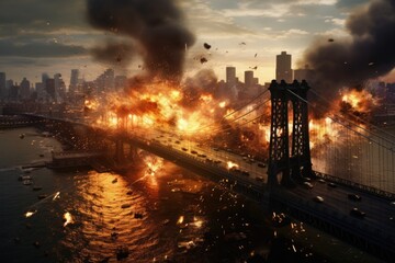 Poster - A bridge engulfed in flames and billowing smoke. Perfect for illustrating danger, destruction, or disaster scenarios