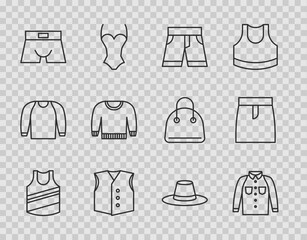 Sticker - Set line Undershirt, Shirt, Short or pants, Waistcoat, Men underpants, Sweater, Man hat and Skirt icon. Vector