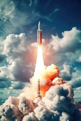 Poster - A powerful rocket taking off into the sky filled with fluffy clouds. This image can be used to depict the excitement of space exploration and technological advancements