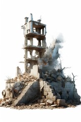 Poster - A picture of a building in the background with a pile of rubble in the foreground. This image can be used to depict destruction, construction, or urban decay
