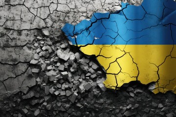 Poster - A cracked wall with a painted map of Ukraine. This image can be used to depict the political situation or historical context of Ukraine