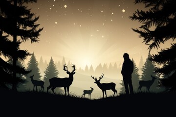 Poster - A man standing amidst the trees in a forest, accompanied by a deer. This image can be used to depict a peaceful coexistence between humans and wildlife