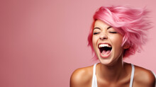 Woman With Pink Hair Laughing, Asymmetry, Monochromatic Color Scheme, Cute And Colorful
