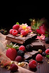 Poster - A delicious piece of chocolate topped with fresh raspberries. Perfect for indulging in a sweet treat. Can be used to depict dessert, luxury, or a food blog post.