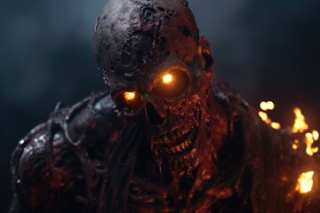 Poster - A close-up view of a zombie with eerie, glowing eyes. This image is perfect for Halloween-themed designs or horror-related projects