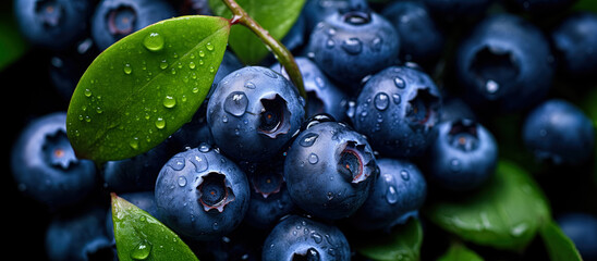 Poster - Fresh wet bilberry or blueberry fruits with water drops, closeup macro detail, wide banner. Generative AI