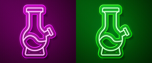 Poster - Glowing neon line Glass bong for smoking marijuana or cannabis icon isolated on purple and green background. Vector