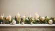  a mantel with candles and ornaments on it and a christmas garland on top of the mantel is decorated with greenery and gold baubs.  generative ai