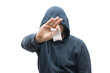 Criminal man in a hood holds transparent plastic bag with white powder hard drugs isolated on white background, drug dealer or gangster sells narcotics