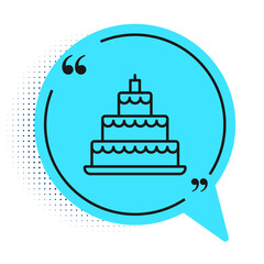 Wall Mural - Black line Wedding cake icon isolated on white background. Blue speech bubble symbol. Vector