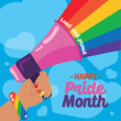Hand holding a megaphone Happy pride month poster Vector