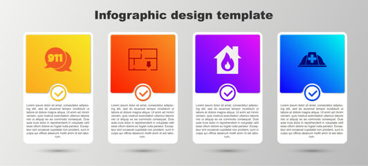 Poster - Set Telephone call 911, Evacuation plan, Fire in burning house and Firefighter helmet. Business infographic template. Vector