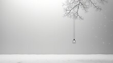  A Black And White Photo Of A Tree Branch And A Light Bulb Hanging From The Branch Of A Tree In The Snow.  Generative Ai