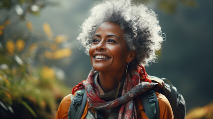 Black african american dark-skinned happy senior woman hiking outdoors. Fitness walking and forest travel journey