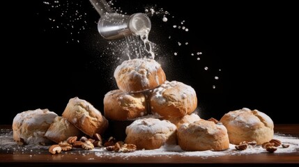  a pile of muffins sitting on top of a wooden table covered in powdered sugar and walnuts.  generative ai