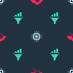 Aufkleber - Set Search cloud computing, Processor CPU and Sales funnel with chart on seamless pattern. Vector