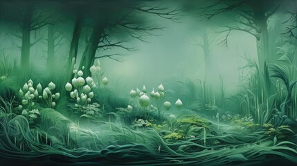 Canvas Print -  a painting of a forest filled with lots of green plants and plants growing out of the ground on a foggy day.  generative ai