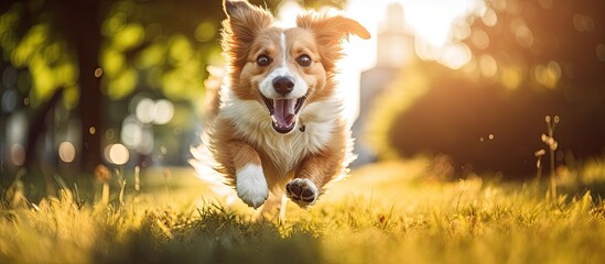 Wall Mural - During the summer a happy dog enjoys running in the park capturing the cute and funny portrait of this energetic animal while embracing the city s nature and fostering a healthy and fun fil