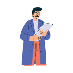 Wall Mural - Male Doctor Character with Mustache as Professional Hospital Worker Hold Clipboard Vector Illustration