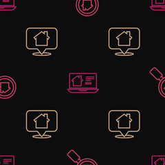 Poster - Set line Search house, Location with and Online real estate on seamless pattern. Vector