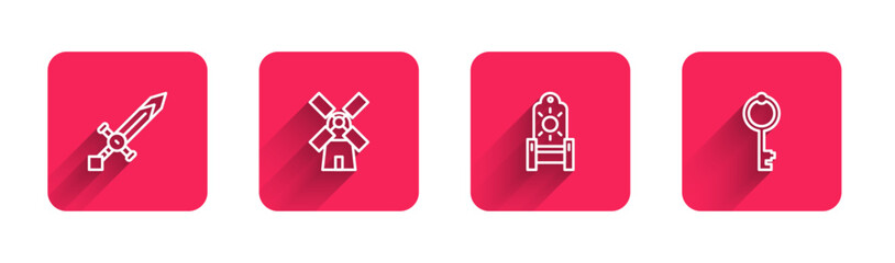 Sticker - Set line Medieval sword, Windmill, throne and Old key with long shadow. Red square button. Vector