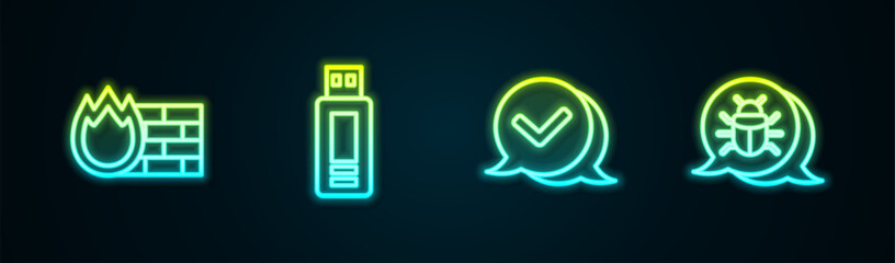 Poster - Set line Firewall, security wall, USB flash drive, Check mark in speech bubble and System bug. Glowing neon icon. Vector