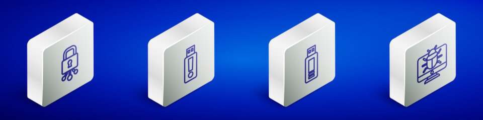 Poster - Set Isometric line Cyber security, USB flash drive, and System bug on monitor icon. Vector