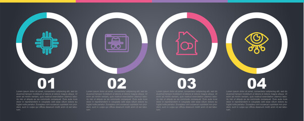 Wall Mural - Set line Processor with microcircuits CPU, Browser incognito window, Smart home and Eye scan. Business infographic template. Vector