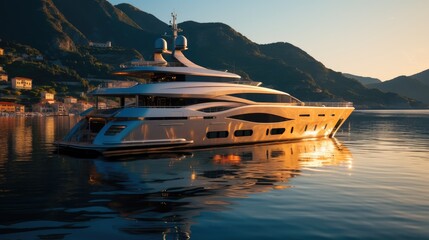 Wall Mural - Luxury yacht moored in a picturesque bay in the evening light.