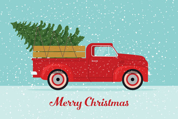 Retro pickup truck with a Christmas tree. Vector illustration in vintage style