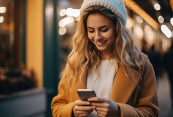 Poster - Beautiful girl in stylishly dressed looking at her phone at city street, Bright smile.