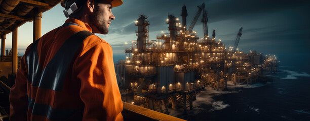 Poster - Oil rig worker working on a platform in the middle of the ocean, Banner.