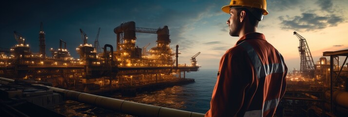 Poster - Oil rig worker working on a platform in the middle of the ocean, Banner.