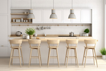 Wall Mural - Scandinavian bar stools decorate a modern kitchen in calm neutral tones