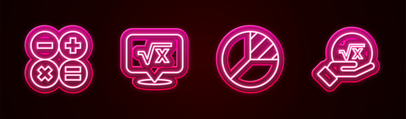Poster - Set line Calculator, Square root of x glyph, Pie chart infographic and . Glowing neon icon. Vector