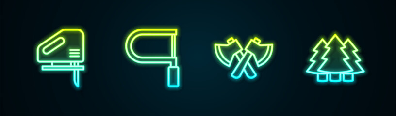 Wall Mural - Set line Electric jigsaw, Hacksaw, Wooden axe and Christmas tree. Glowing neon icon. Vector