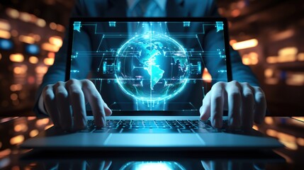 Leinwandbilder - Hand show virtual laptop computer with cyber security, Business technology, Cyber Security Firewall and Antivirus, Alert Protection Security with Cybersecurity.
