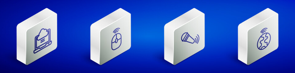 Poster - Set Isometric line Network cloud connection, Wireless computer mouse, microphone and Global technology icon. Vector
